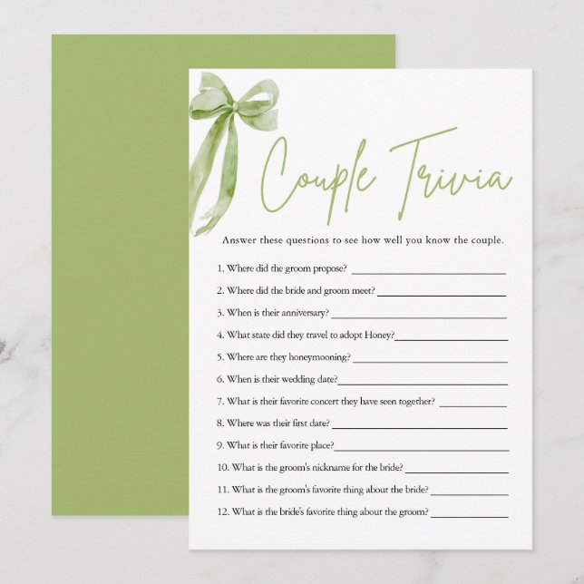 Invitation Couple Bow Trivia Trivia jeu de Fête des mariées (Devant / Derrière)