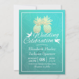 Invitation Couple d'ananas Turquoise en or