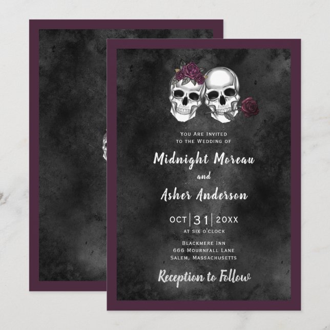 Invitation Couple de crânes de squelette Roses Mariage gothiq (Devant / Derrière)