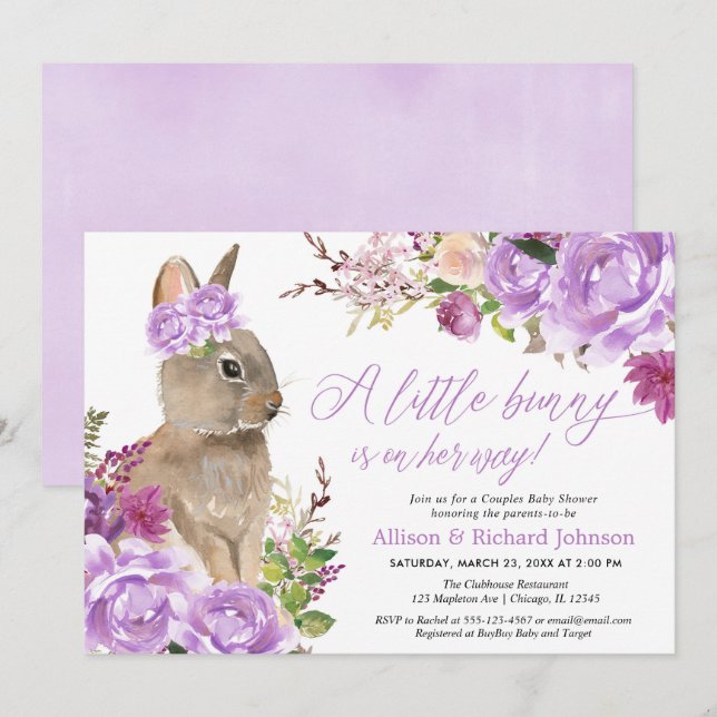 Invitation Couple de lapin de Pâques en violet baby shower (Devant / Derrière)