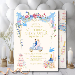Invitation Couple de mariage fantaisiste sur scooter italien