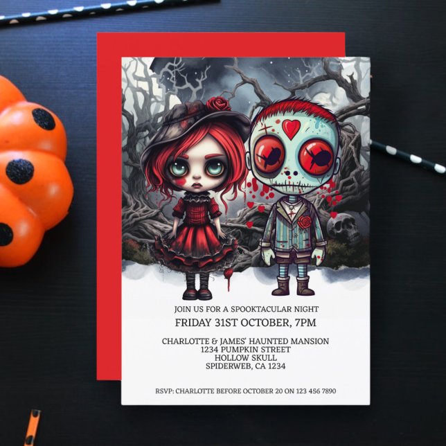 Invitation Couple De Poupée D'Halloween En Bois (Halloween Scary Doll Couple In Woods Invitation from Ricaso. Cute but haunting toy dolls in forest.)