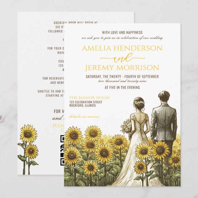 Invitation Couple de tournesol avec détails (Devant / Derrière)