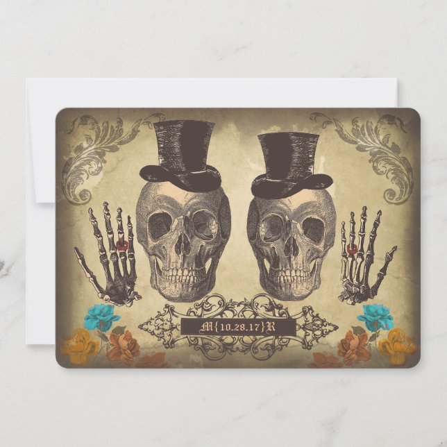 Invitation Couple gay crâne Mariage gothique victorien Invite (Devant)