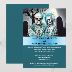Invitation couple gothique aqua bleu squelette mariage