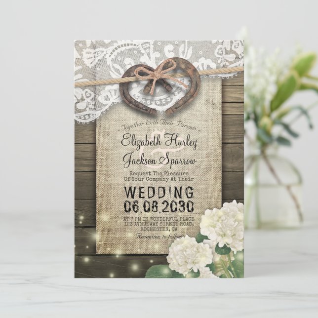 Invitation Couple Horseshoe Dentelle Coeur Bois Hydrangea Mar (Debout devant)