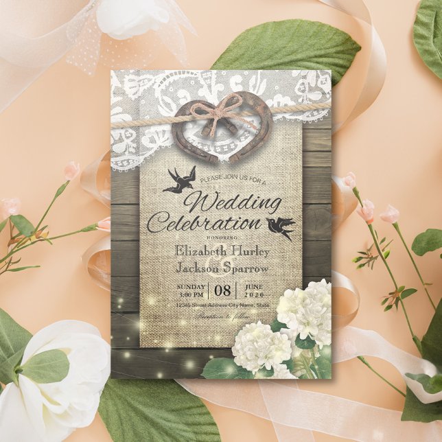 Invitation Couple Horseshoe Dentelle Coeur Bois Hydrangea Mar (Créateur téléchargé)