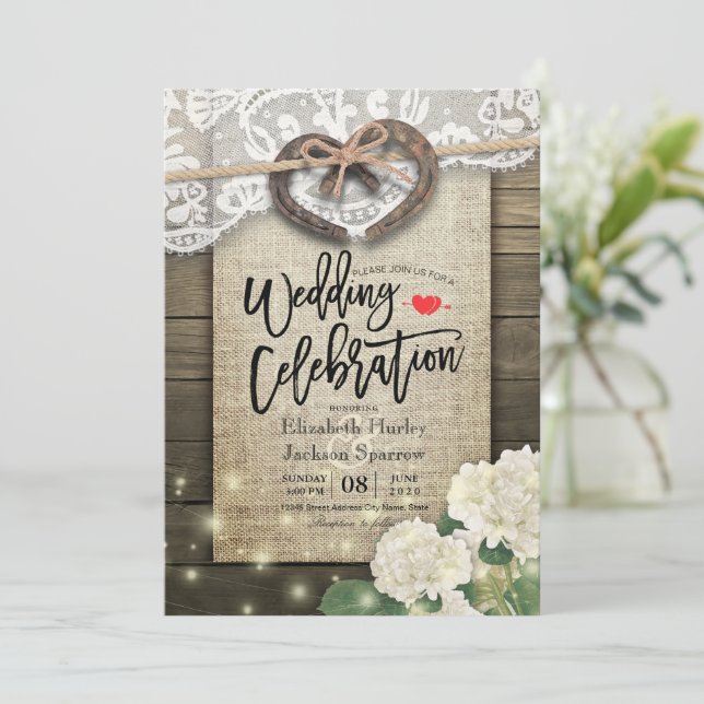 Invitation Couple Horseshoe Dentelle Coeur Hydrangea Mariage  (Debout devant)