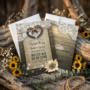 Invitation Couple Horseshoe Mariage de tournesol en bois dent