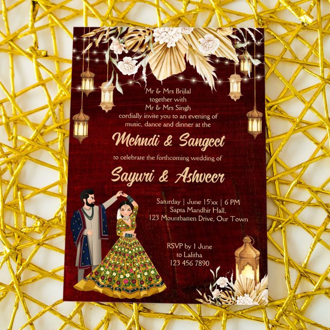 Invitation Couple indien dansant Mehndi Sangeet marron  (Créateur téléchargé)