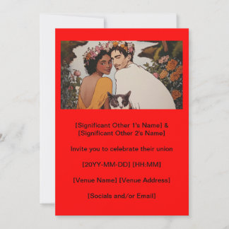 Invitation Couple interracial art mariage floral avec chat