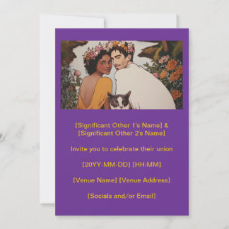 Invitation Couple interracial violet art floral avec chat