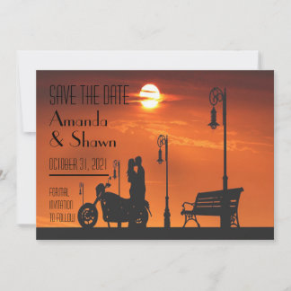Invitation Couple Motard au Coucher du Soleil Save the Date