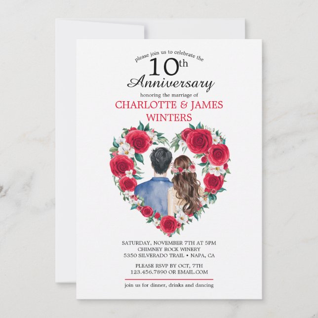 Invitation Couple Rose aquarelle 10e anniversaire Mariage (Devant)