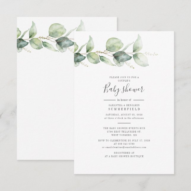 Invitation Couples Baby shower Eucalyptus Feuilles (Devant / Derrière)