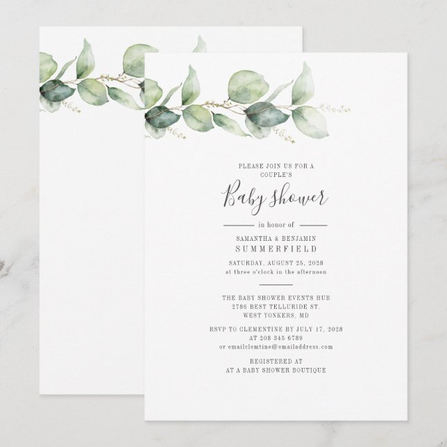 Invitation Couples Baby shower Eucalyptus Verdure Foliage (Devant / Derrière)