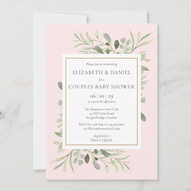 Invitation Couples Baby shower fille rose Eucalyptus verdure (Devant)
