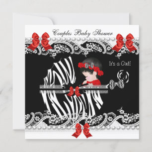 Invitation Couples Baby shower Girl Zebra Red Lace Noir