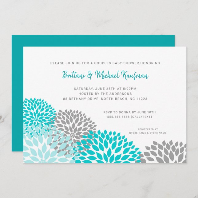 Invitation Couples Baby shower Invitation, gris turquoise (Devant / Derrière)