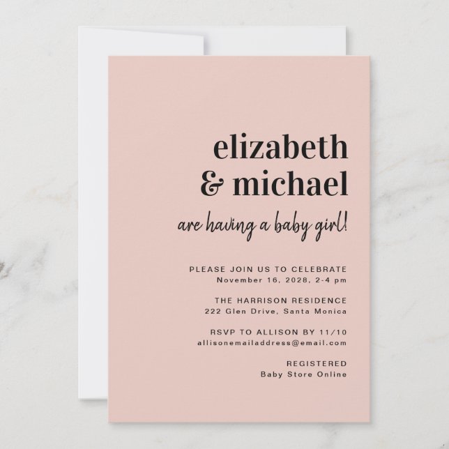 Invitation Couples Blush Moderne Minimal Bébé Fille Douche (Devant)