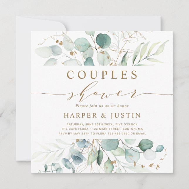 Invitation Couples Botaniques Gold et Vert Carré de douche (Devant)