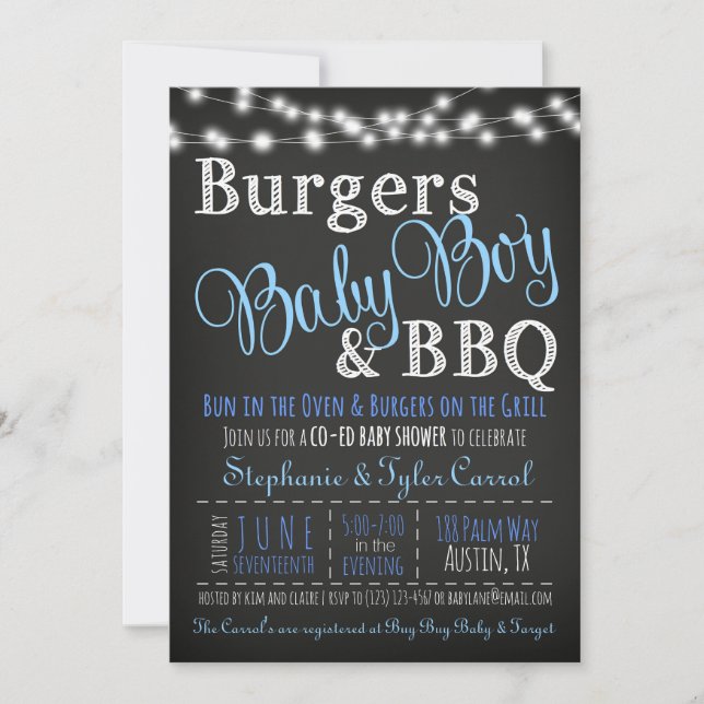 Invitation Couples Burger de lit bébé garçon BBQ Douche Invit (Devant)
