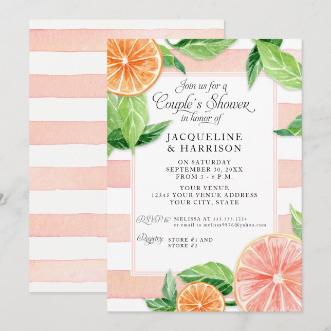 Invitation Couples Citrus Pink Grapefruit Aquarelle (Devant / Derrière)