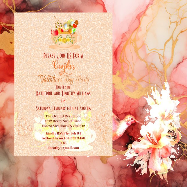 Invitation Couples Coeurs Floraux Teacup Valentines Fête (Couples Floral Hearts Teacup Valentines Day Party Invitation)