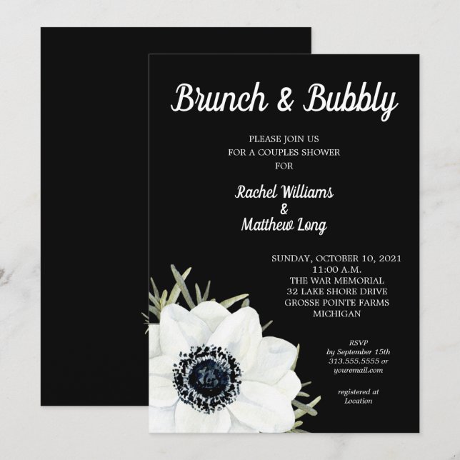 Invitation Couples d'anémones noir et blanc Wedding shower (Devant / Derrière)