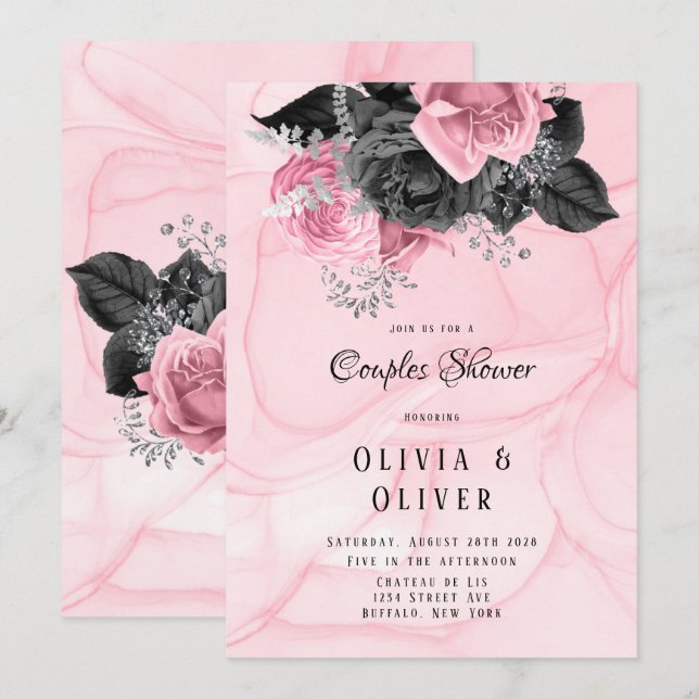 Invitation Couples d'encre couleur rose et noire de luxe avec (Devant / Derrière)