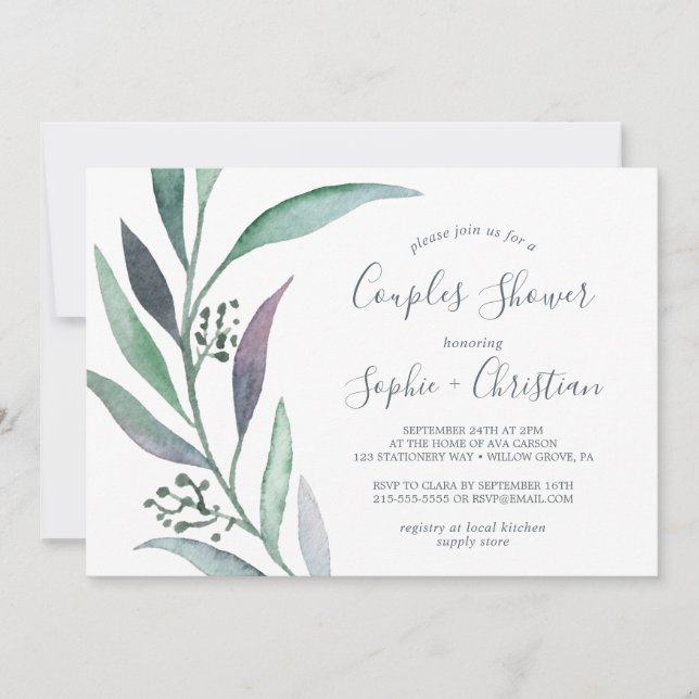 Invitation Couples d'Eucalyptus violet et vert Douche (Devant)