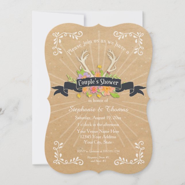 Invitation Couples Douche Antler Fleur sauvage Starburst Rust (Devant)