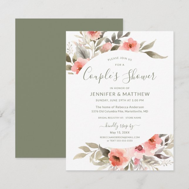 Invitation Couple's Douche Aquarelle Blush Rose Wreath (Devant / Derrière)