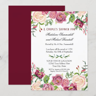 Invitation Couples Douche Aquarelle Bourgogne Floral Roses
