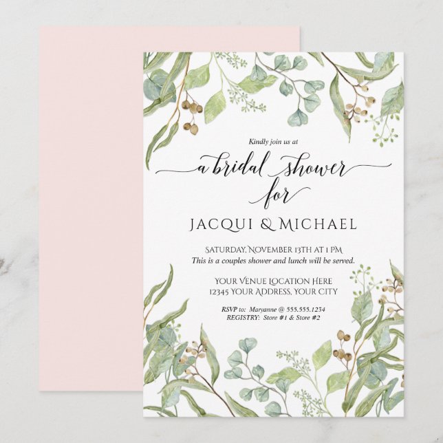 Invitation Couples Douche Aquarelle Eucalyptus Vert rose (Devant / Derrière)