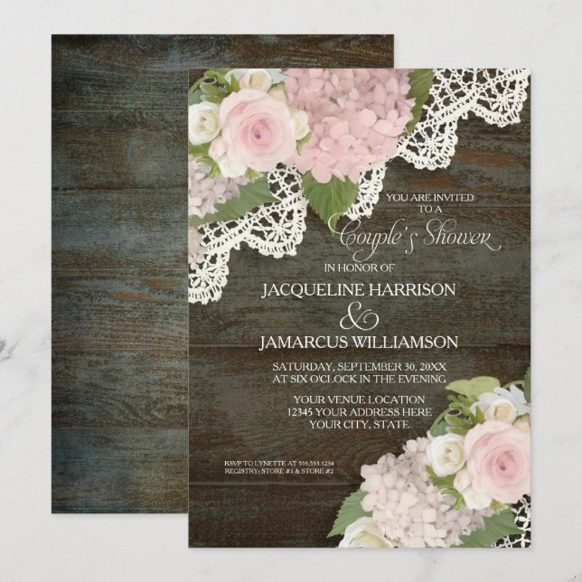 Invitation Couples Douche Bois foncé Script Pink Hydrangeas (Devant / Derrière)