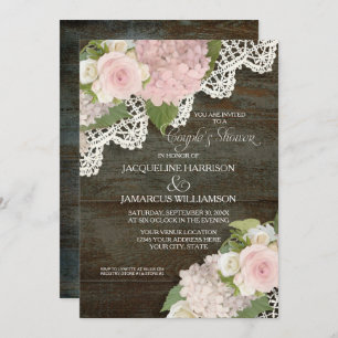 Invitation Couples Douche Bois foncé Script Pink Hydrangeas