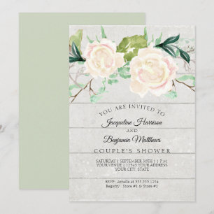 Invitation Couples Douche Bois rustique Aquarelle Rose d'ivoi