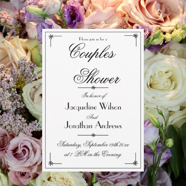 Invitation Couples Douche Élégante Chic Blanc Personnalisé Sc (Couples Shower - Elegant, chic, white, custom script, wedding shower invitation.)