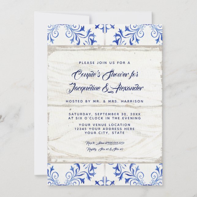 Invitation Couples Douche Ferme Bleu Blanc Bois Rustique (Devant)