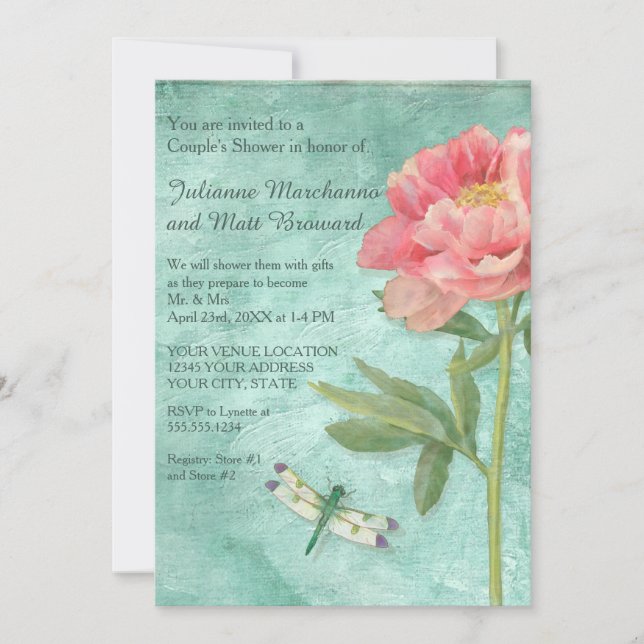 Invitation Couples Douche Jolie Peony Flowers sur libellule (Devant)
