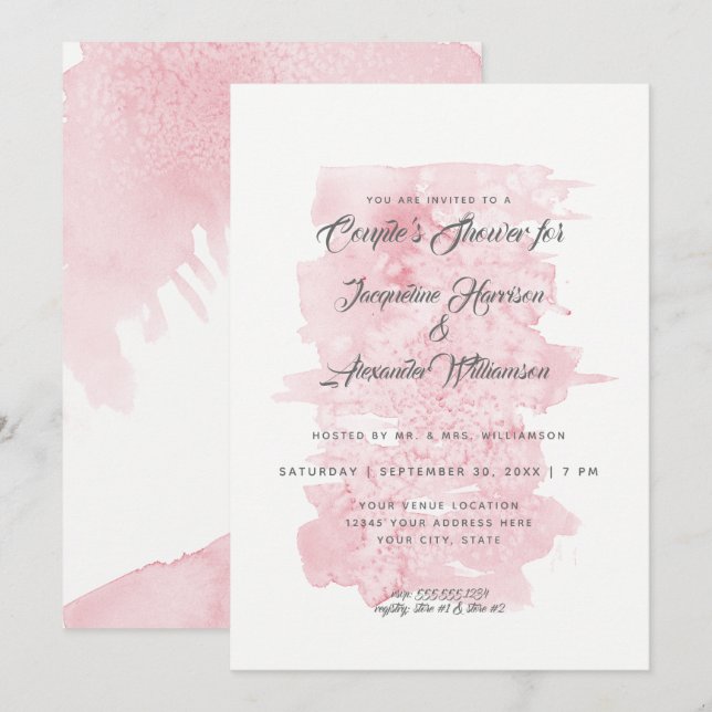 Invitation Couples Douche Moderne Simple Aquarelle Laver rose (Devant / Derrière)