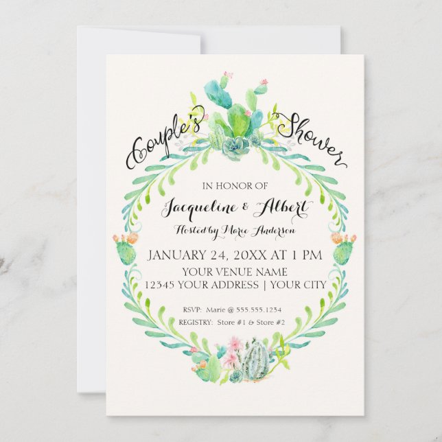 Invitation Couples Douche Rustique Désert Chic Cactus Aquarel (Devant)