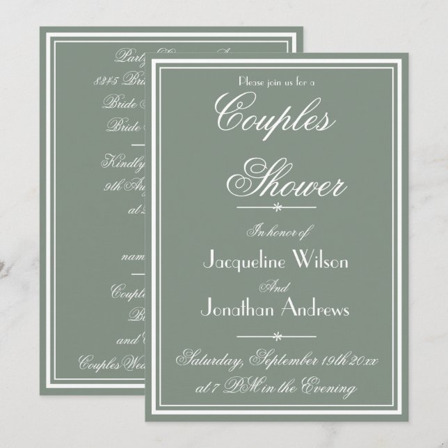 Invitation Couples Douche Sage Vert Simple Noms Rustiques RSV (Devant / Derrière)