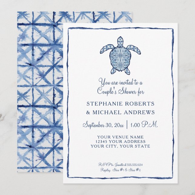 Invitation Couples Douche Shibori Sea Turtle Watercolor Beach (Devant / Derrière)