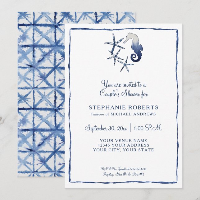 Invitation Couples Douche Shibori Seahorse Starfish Beach Art (Devant / Derrière)