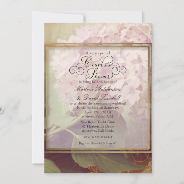 Invitation Couples Douche Vintage rose rose pâle Hydrangea Fl (Devant)