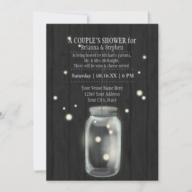 Invitation Couples Fête des mariées w Mason Jar n Fireflies (Devant)