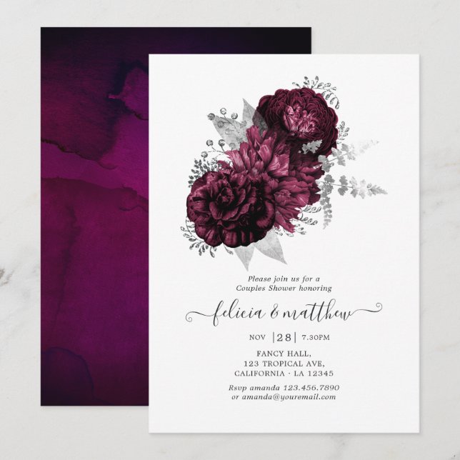 Invitation Couples floraux bourgogne et argent Douche (Devant / Derrière)