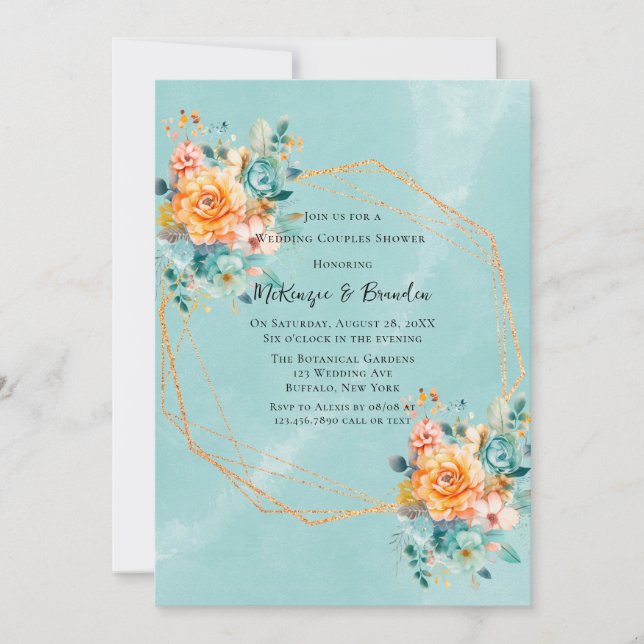 Invitation Couples Mariage Turquoise et Orange Peony (Devant)